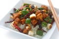 Kung pao chicken over rice , chinese food