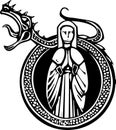 Lady and roaring dragon woodcut style medieval in a circle with a Stock Photography