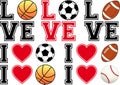 Love soccer, football, basketball, baseball, vecto