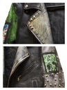 Macro parts of eather underground punk stylish jacket with rivets and with Punks not dead slogan on a back.