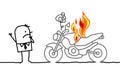 Man watching a burning motorbike