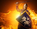 Medieval knight on fire background