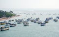 Panoramic view of fishing trawlers anchored in sea Stock Photo