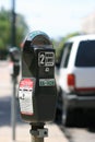 Parking meter against blurred car