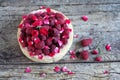 Pie cheesecake topped with fresh raspberries and rose petals