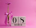 Pink theme calendar for International Women's Day, March 8 - with copy space.