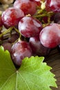 Red grapes close up of fresh with green wine leaves Royalty Free Stock Photos
