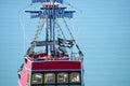 Red pirate ship with Jolly Roger flag closeup