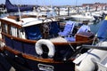 Sail boat with chairs on deck träslövsläge port of varberg is the largest fishing port of halland Royalty Free Stock Photos