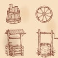 Set of hand drawn elements drawings rustic utensils Stock Image