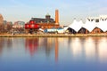 The Seven Foot Knoll Lighthouse at sunset in Baltimore Inner Harbor.