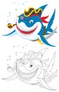 Shark pirate great white with his saber hat and pipe color and black and white outline illustrations Stock Photo