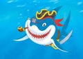 Shark pirate great white with a saber hat and pipe Stock Image