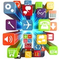 Smart phone apps touchscreen smartphone with application software icons extruding from the screen in white Royalty Free Stock Images