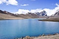 Snow capped mountains with blue lake of himalayan range along the called as gurudongmar at an altitude of feet above msl Stock Photo