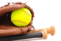Softball Glove ball and two bats on white