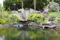 Spring American Northwest home water pond with landscape garden