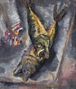 Still life with fish an oil painting on canvas of a on a gray table after fishing theme artwork Royalty Free Stock Photos