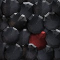 Top view umbrellas society background. Red in mass of black. Sta