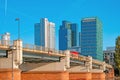 Towers of frankfurt am main germany june view the financial district and the bridge over river untermainbruecke Royalty Free Stock Images