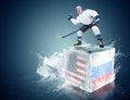 USA - Russia game  Spunky hockey player on ice cube