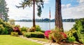 View of the lake and American flug with spring landscape.