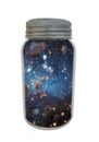 Vintage canning jar containing universe isolated.