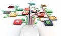 White mouse connected with web icons on background Stock Photography