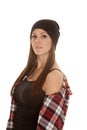 Woman beanie side show shoulder