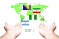 World Cup 2014 Group-F Flag with Hand and World Map background