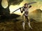 A female fighter with a sword and fantasy background