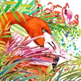 热带异乎寻常的森林,鹿,绿色叶子,野生生物,水彩例证.图片