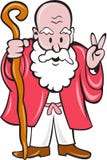 Bearded Old Man Staff Peace Sign Cartoon Stock Photo