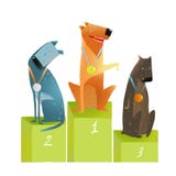  Drei Sieger-Hunde, die auf Podium mit Medaillen sitzen Lizenzfreies Stockbild