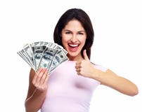 woman giving the thumbs up with many dollars in her right hand