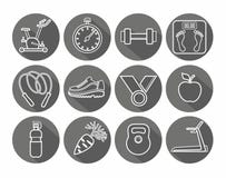 Icons fitness, gym, healthy lifestyle, white outline, black background ...