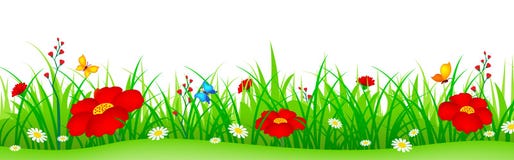spring flowers grass header green cute colorful illustration isolated white background can use as web site footer banner 39007762