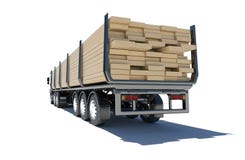 Truck transporting lumber. Rear view Stock Photo