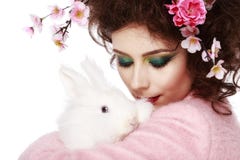 Woman with a bunny, eggs and flowers spring easter concept Royalty Free Stock Photos - woman-bunny-eggs-flowers-spring-easter-concept-isolated-white-51536478