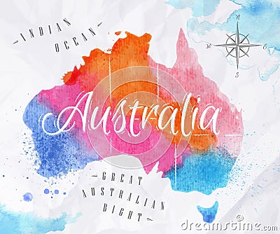 水彩地图澳大利亚桃红色蓝色图片