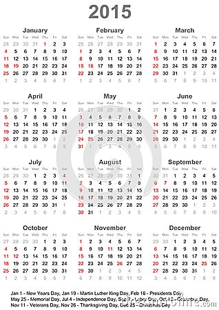 美国的日历2015年-在星期天图片