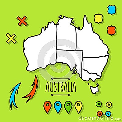 在绿色背景的徒手画的澳大利亚旅行地图图片