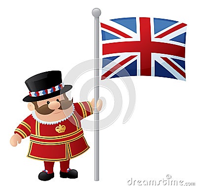 伦敦塔卫兵或英王卫士拿着英国国旗.图片