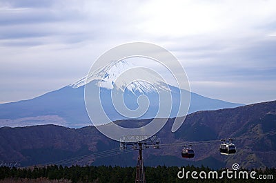 缆车有富士山背景,富士箱根公园在Ja 库存照片