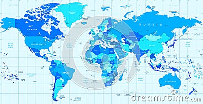 蓝色颜色详细的传染媒介世界地图