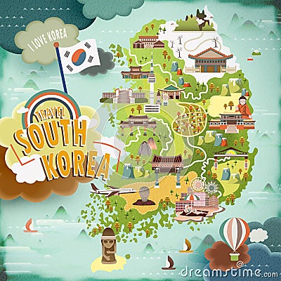 在平的设计的丰富的韩国旅行地图.图片