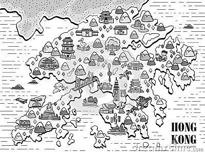 在黑白照片的朴素手拉的香港旅行地图.图片