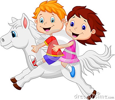 动画片男孩和女孩的例证骑小马马的.