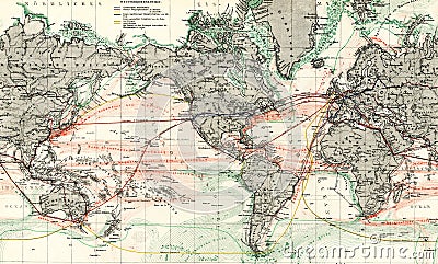 1875 Antique Map of World Ocean Currents