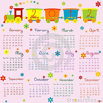 2012 Calendar for kids with cartoon train